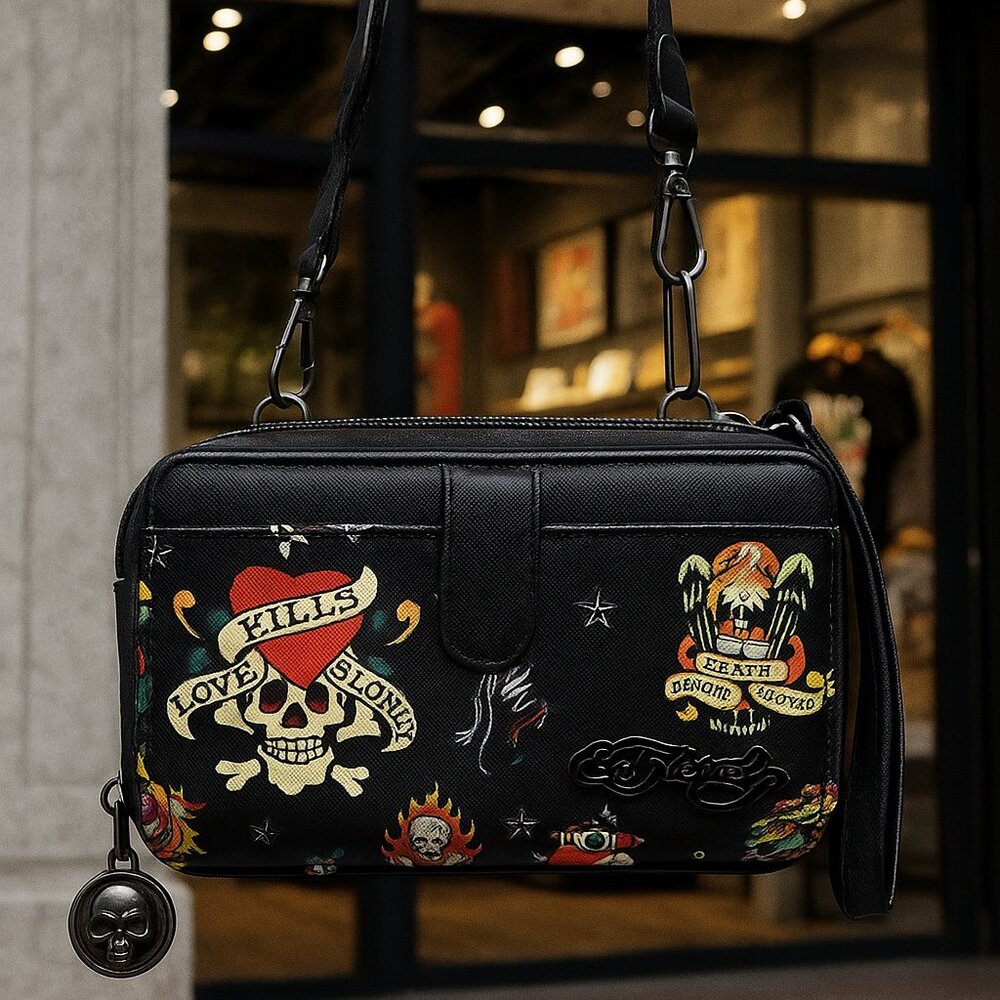 Ed Hardy “Love Kills Slowly” Crossbody Bag – Skull Tattoo Design